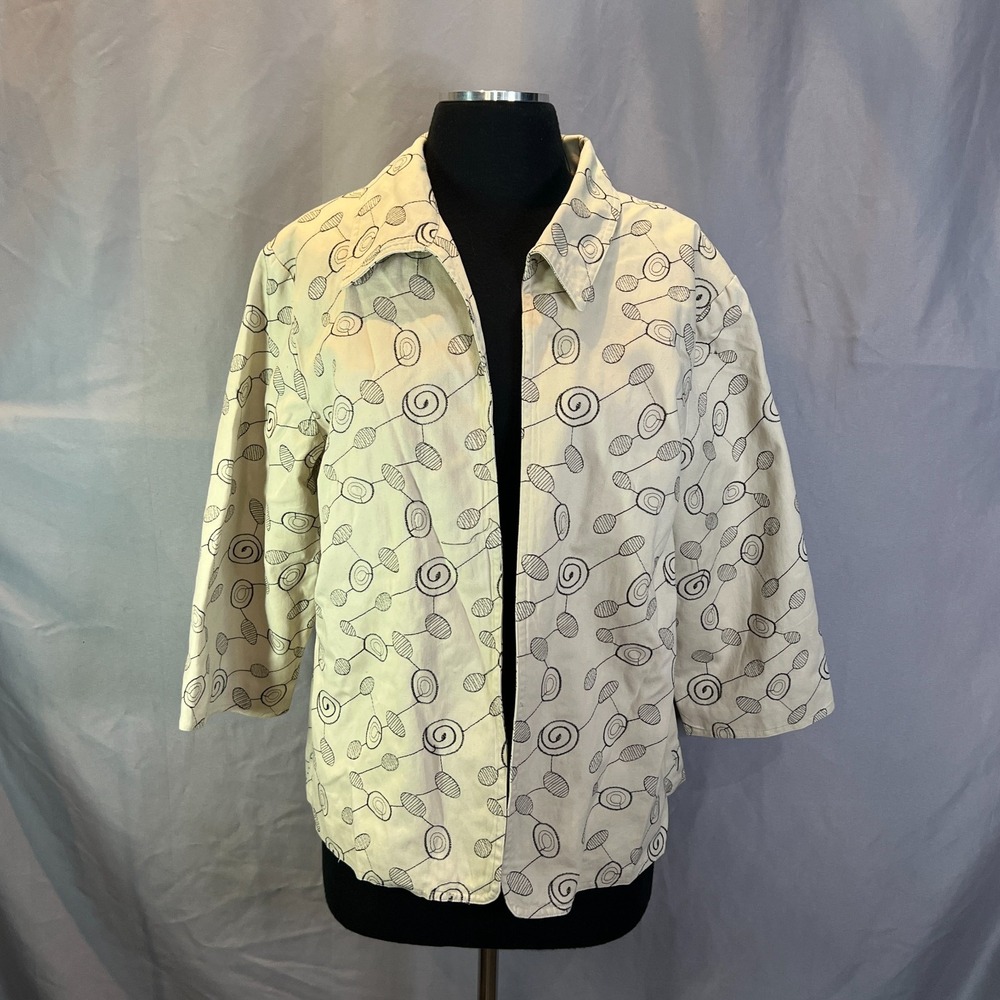 Lily Stanhope Jacket Women 1X Beige Geometric Print Cotton Open Front 3/4 Sleeve